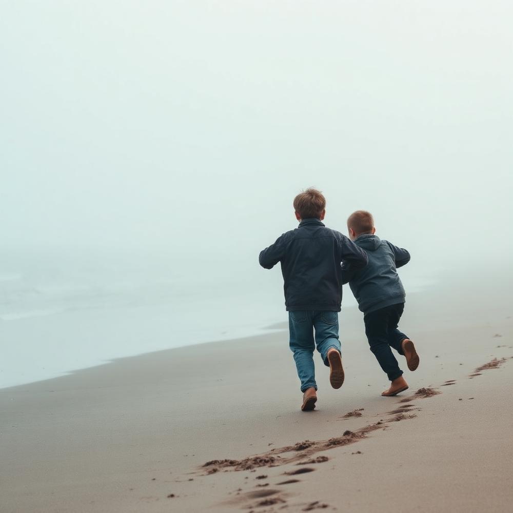 Placeholder — broers rennend op mistig strand