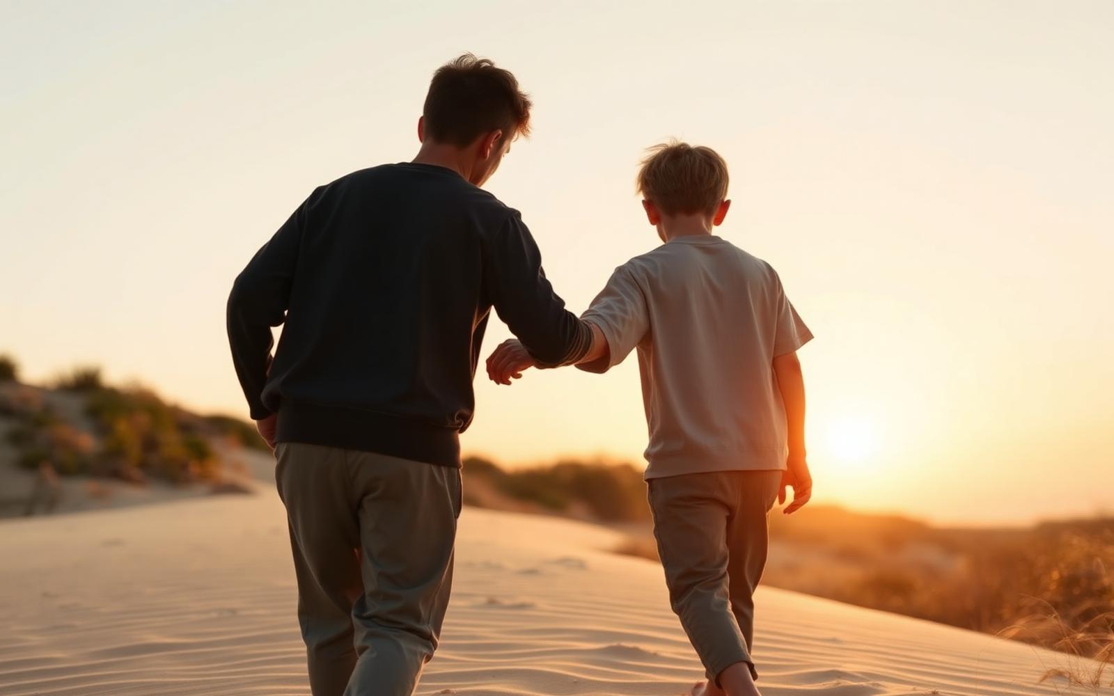 Placeholder — broers wandelend in de duinen bij zonsondergang